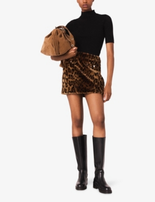 Maje Womens Big Leopard Print Leopard-print Faux-fur Mini Skirt