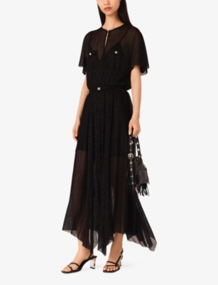 Maje Womens Black Metallic Belted-waist Woven Maxi Dress In Blue