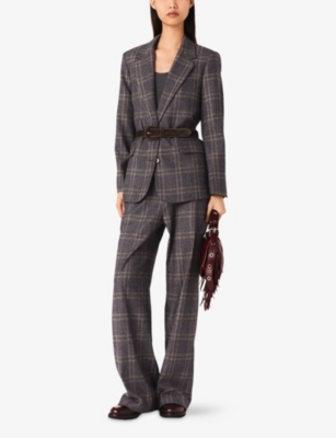 Maje Womens Grey Checked Belted-waist Stretch-woven Blazer In Gray
