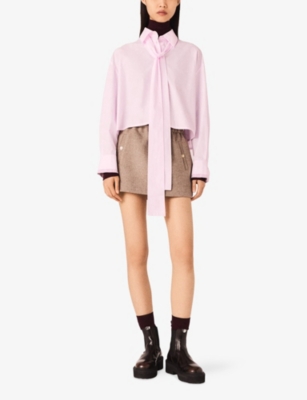 Maje Womens Pink Tie-neck Long-sleeve Cotton Shirt In Purple