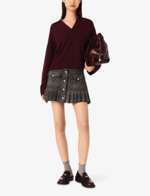 Maje Womens Grey Checked Pleated Woven Mini Skirt In Blue