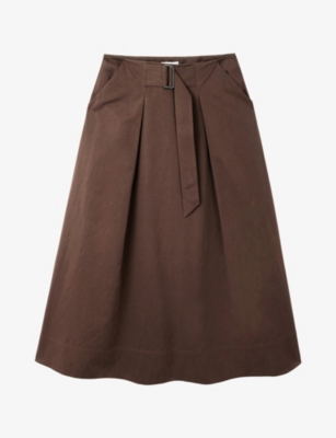 The White Company: Top-Stitch Belted Cotton-Blend Midi Skirt