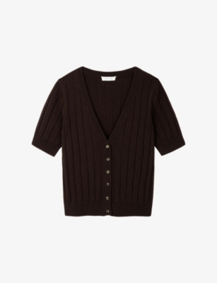 The White Company: Short Sleeve Ribbed Wool-Blend Cardigan