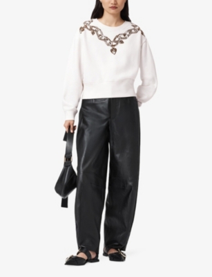 Allsaints Womens Optic White Drip Separo Crewneck Artwork-embellished Cotton-jersey Sweatshirt Xs In White