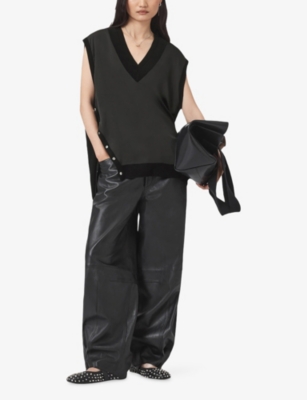 Allsaints Womens Black Bern Stud-embellished Satin And Wool Tank Top In Black