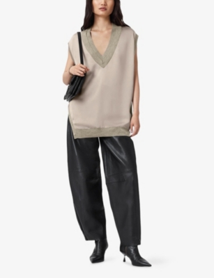 Allsaints Womens Taupe Grey Bern Stud-embellished Satin And Wool Tank Top In Gray