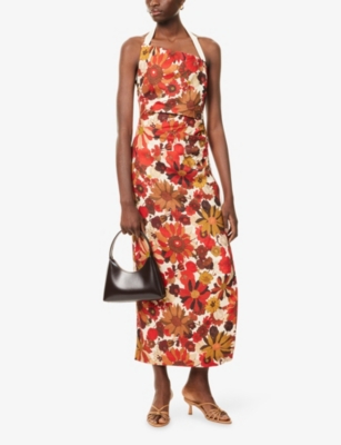 Sir Castella Tie-detailed Gathered Floral-print Linen Halterneck Midi Dress In Multi