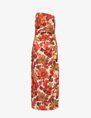 Sir Castella Tie-detailed Gathered Floral-print Linen Halterneck Midi Dress In Multi