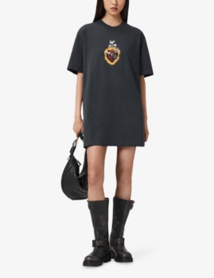 Allsaints Womens Washed Black Heartfelt Branded-print Cotton-jersey Mini Dress Xs In Black