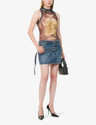 Jean Paul Gaultier Womens Black Vintage Blue Green Printed Sleeveless Woven Top Xl In Gray
