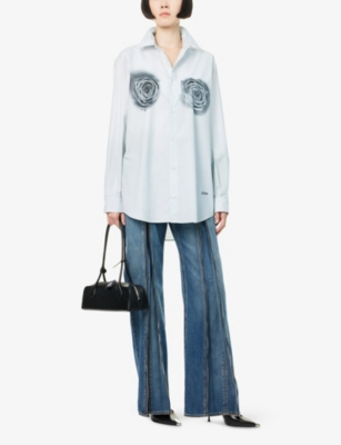 Jean Paul Gaultier Womens White Grey Black Rose-print Curved-hem Cotton-poplin Shirt In Animal Print