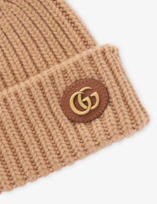 Gucci Womens Camel Double-g Ribbed Wool And Cashmere Beanie In Brown