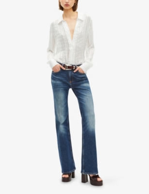 The Kooples Womens White Striped Ruffle-trim Silk Shirt In White
