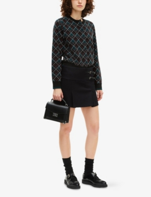 The Kooples Womens Black Dark Green Checked Slim-fit Stretch-knit Cardigan In Multi
