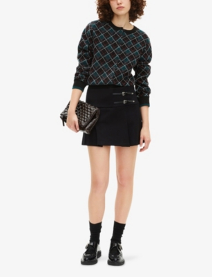 The Kooples Womens Black Buckle-embellished Wrap-front Cotton-blend Mini Skirt In Black