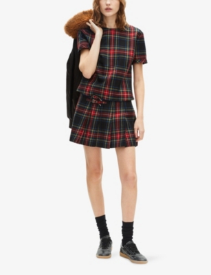The Kooples Womens Rouge Noir Buckle-embellished Tartan Wool Mini Skirt In Burgundy