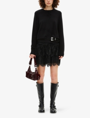 The Kooples Womens Black Tiered Scalloped-trim Lace Mini Skirt In Black