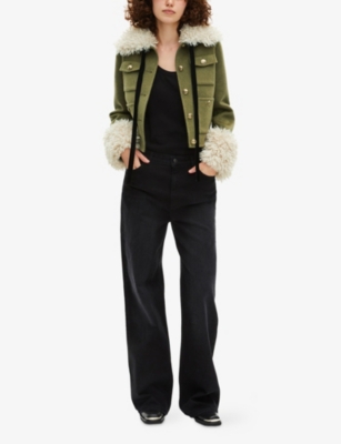The Kooples Womens Kaki Sherpa-collar Patch-pocket Wool-blend Jacket Xs In Green