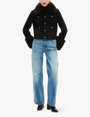 The Kooples Womens Black Sherpa-collar Patch-pocket Wool-blend Jacket In Black