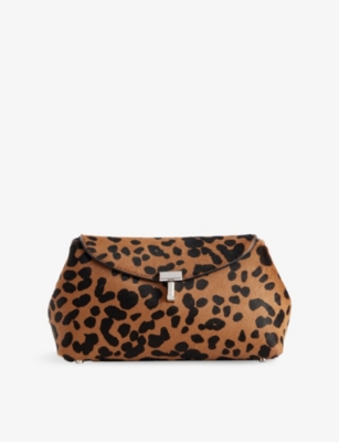Totême Womens Leopard T-lock Pony Hair Mini Leather Clutch In Brown