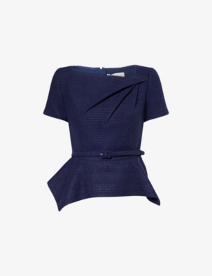 Roland Mouret Womens Navy Asymmetric-twist Peplum Boucle Top In Blue