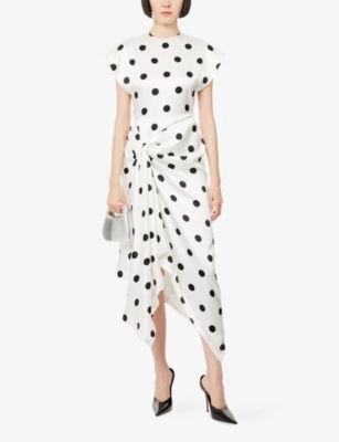 David Koma Womens White Black Polka-dot Draped Silk Midi Dress In White
