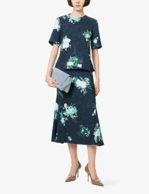 Erdem Womens Abstract Rose Navy Floral-print Short-sleeve Woven Top In Blue
