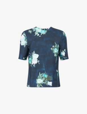 Erdem Womens Abstract Rose Navy Floral-print Short-sleeve Woven Top In Blue