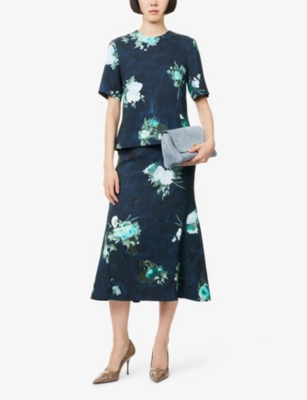 Erdem Womens Abstract Rose Navy Floral-print Fluted Woven Midi Skirt In Blue