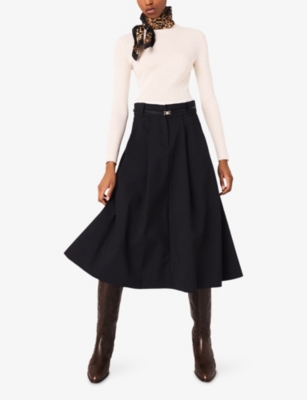 Maje Womens Navy Long Logo-belt Stretch Cotton-blend Midi Skirt In Blue