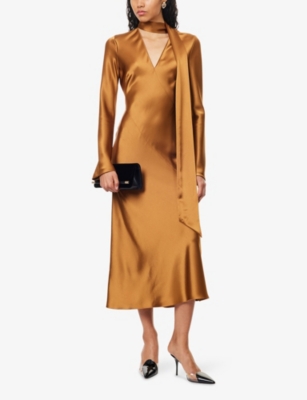 Galvan Womens Toffee Audrey Satin Midi Dress In Brown