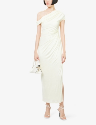 GALVAN: Cascading Off-The-Shoulder Satin Maxi Dress