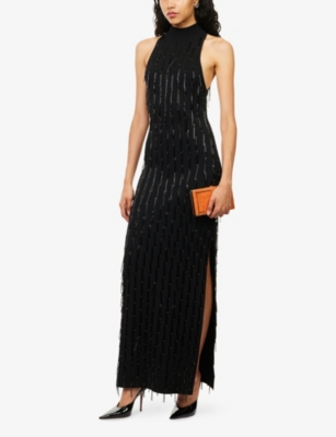 Galvan Womens Black Beaded Sleeveless Knitted Midi Dress In Black