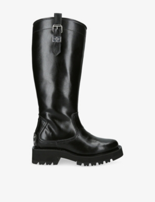Ganni Buckle Knee-high Leather Lug Round Boots In Brown
