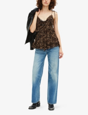 The Kooples Womens Leopard-print Ruffled-trim Woven Top In Brown