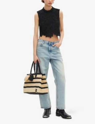 The Kooples Womens Black Floral-pattern Cropped Guipure-lace Top In Black