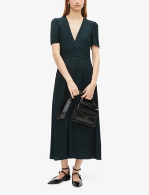The Kooples Womens Forest Leopard-jacquard Pleated-waist Woven Maxi Dress In Green