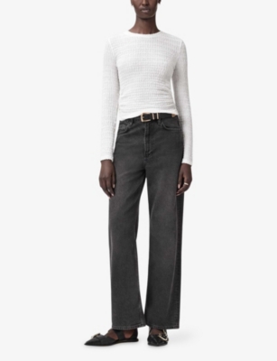 Allsaints Womens White West Ruched Long-sleeve Stretch-cotton Top In White