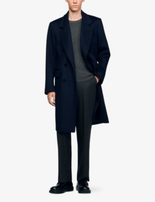 Sandro Mens Navy Blue Button-up Regular-fit Wool And Cashmere-blend Coat In Black