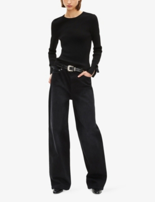 The Kooples Womens Black Tie-cuff Ribbed Knitted Jumper Xs In Black