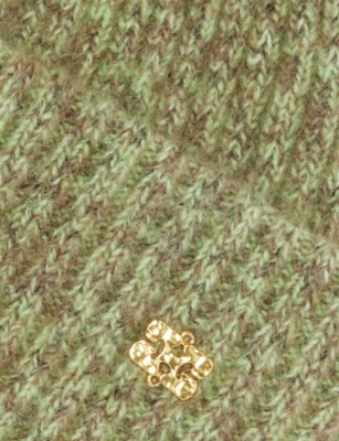 Ganni Mens Nile Monogram-plaque Ribbed Stretch-wool Blend Beanie In Green