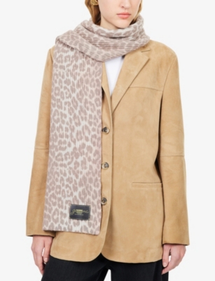 Ganni Womens Leopard-print Stretch Wool-blend Scarf In Brown