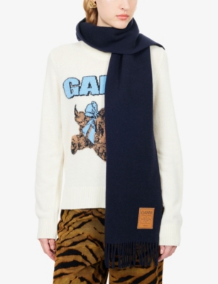 Ganni Womens Sky Captain Brand-patch Wool Scarf In Blue