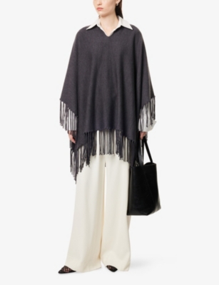 Twp Womens Charcoal Heather Grey Take Me Home Tasselled Merino-wool Poncho In Gray