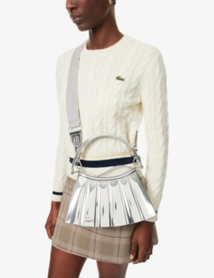 Lacoste Womens Silver Mirror Lenglen Small Leather Cross Body Bag In Gray