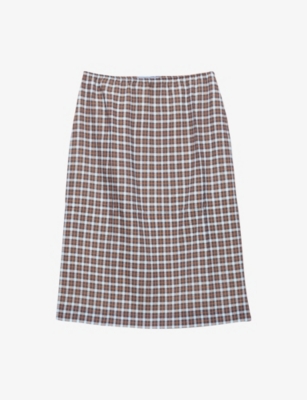 Prada Womens Light Blue Checked Stretch-silk Midi Skirt In Multi