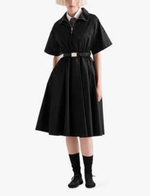 Prada Nylon Dress With Belted Waist And Flared Skirt In Black