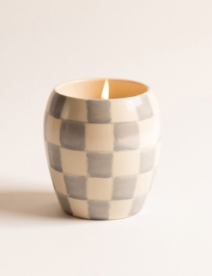 PADDYWAX: Checkmate Cotton + Teak Scented Candle with Checkered Porcelain Vessel 311g