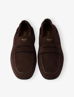 Prada Elasticated Suede Penny Loafers In Brown
