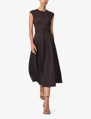 REISS: Ava Belted-Waist Stretch-Woven Midi Dress